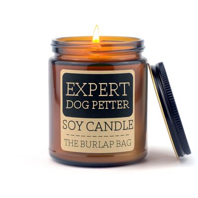 THE BURLAP BAG - Expert Dog Petter - 9oz Soy Candle - smells like maraschino cherries and roasted almonds - Handpoured in Austin Texas