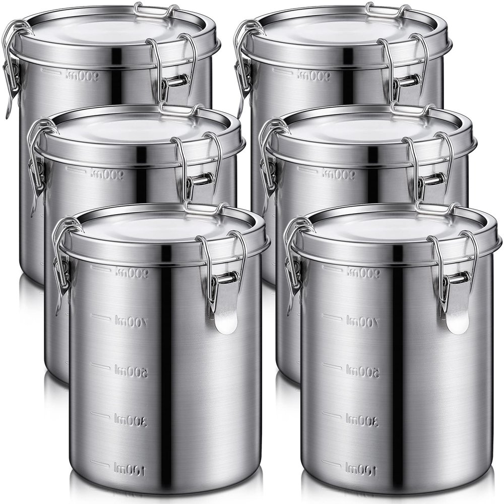 Zopeal 6 Pack Stainless Steel Canisters Set Stainless Steel Airtight Food Storage Containers Metal Containers with Lids Sealed for Tea Coffee Sugar Flour Pantry Baking Kitchen Counter (34 oz)