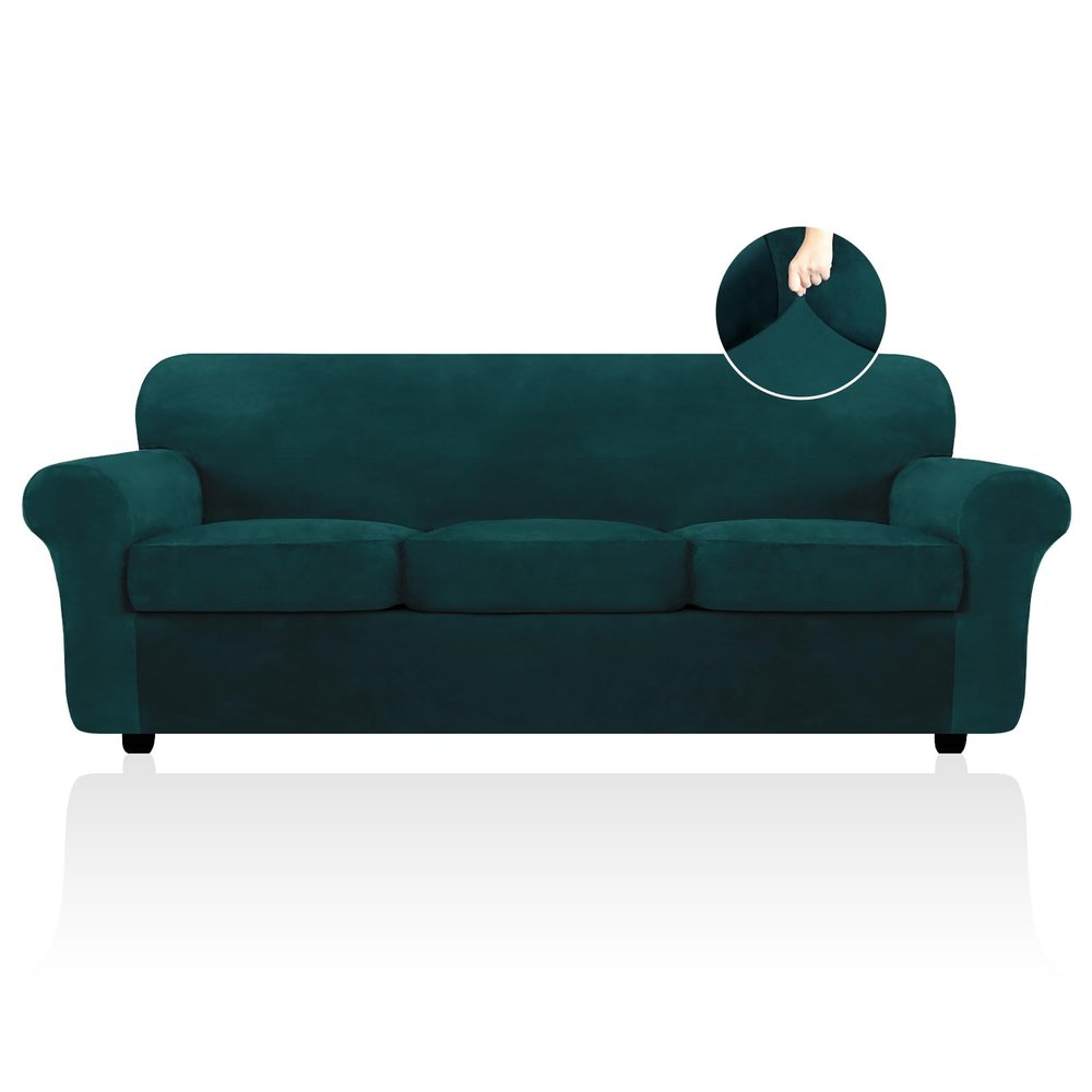 FestiCorp Velvet Sofa Covers for 3 Seat Cushion Couch Sofa Slipcovers, Stretch 4 Piece Couch Cover, Thick Furniture Covers for Dogs Pets, Oversized Sofa, Emerrald Green