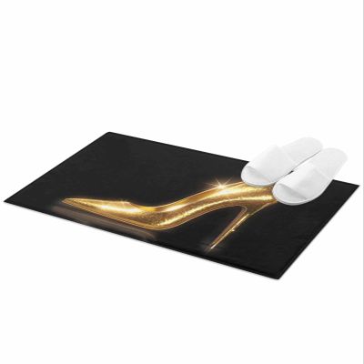 Fluffy Bath Rug Gold High Heels Black Back,Non Slip Shag Carpet Soft Floor Door Mat Women Elegant Glitter Shoes,Absorbent Entrance Rugs for Kitchen Bathroom Living Room 24x35In