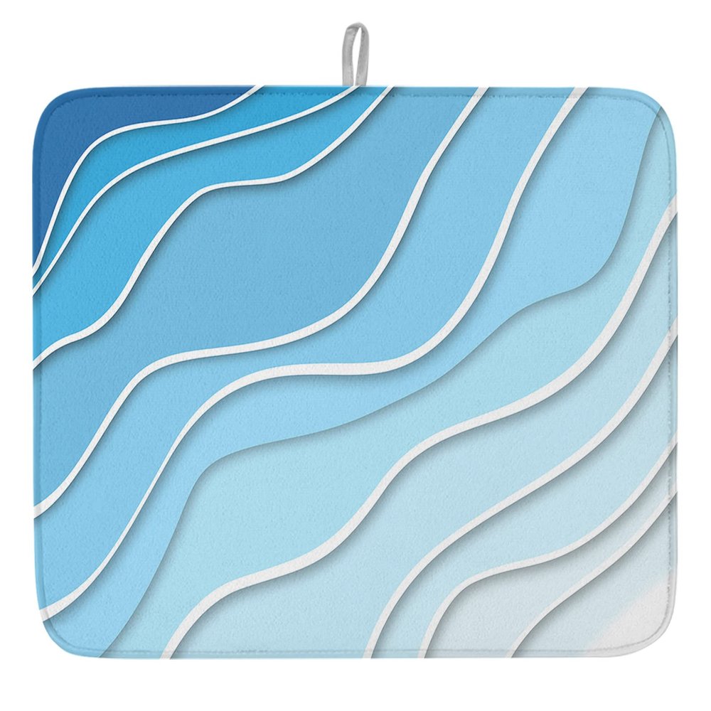 Blue Aqua Ombre Dish Drying Mat for Kitchen Counter, Modern Geometric Dish Mat Drying Kitchen Mat, Abstract Art Aesthetic Bottle Drying Pad Microfiber Absorbent Coffee Cup Dishes Drainer Mats 18"x24"