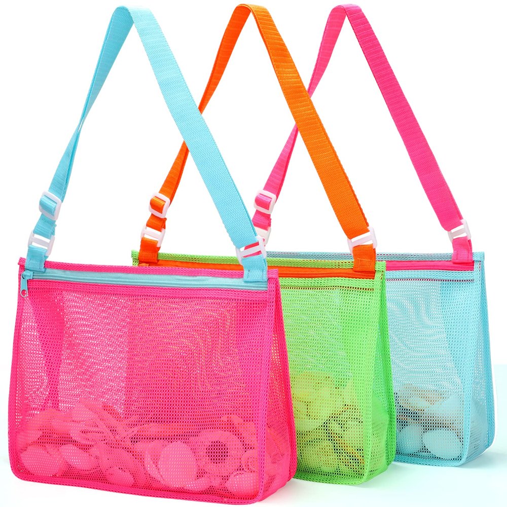 Tagitary Beach Toys Large Mesh Beach Bag Sand Toy Shell Collecting Bag for Holding Shells Pool Bag Swimming Accessories Gift for Teens Boys and Girls (Only Bags,A Set of 3)