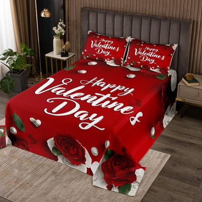 Happy Valentine's Day Bedspread Queen Size Red Rose Floral Coverlet Set 3pcs for Women Men Adults Room Decor Wedding Romantic Comforter Set Red White Patchwork Quilt Set,2 Pillowcases