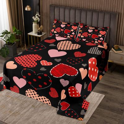 Geometric Plaid Heart Coverlet Set King Size Valentine's Day Gifts Bedspread 3pcs for Kids Girls Women Room Decor Stripes Black Pink Heart Comforter Set Romantic Quilt Set,2 Pillowcases