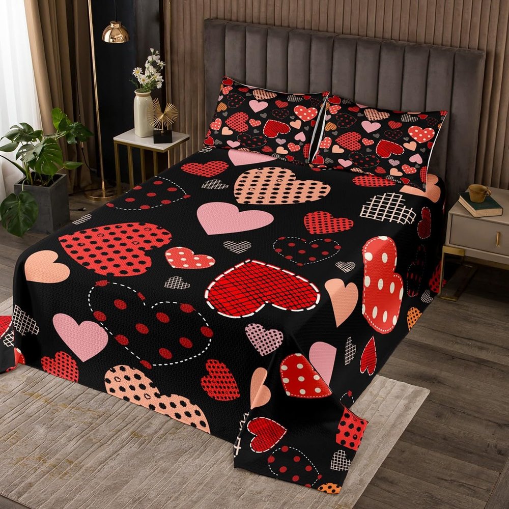 Geometric Plaid Heart Coverlet Set King Size Valentine's Day Gifts Bedspread 3pcs for Kids Girls Women Room Decor Stripes Black Pink Heart Comforter Set Romantic Quilt Set,2 Pillowcases