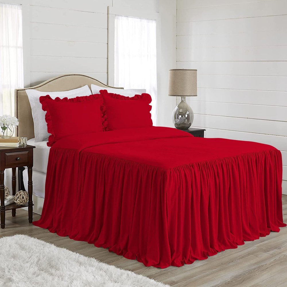 4 Piece Long Ruffle Sheet Set, 30" Inch Long Ruffle On Corner of The Flat Sheet, 12 Inch Deep Pocket, 100% Egyptian Cotton, 1000 TC, Olympic Queen Size, Solid Blood Red