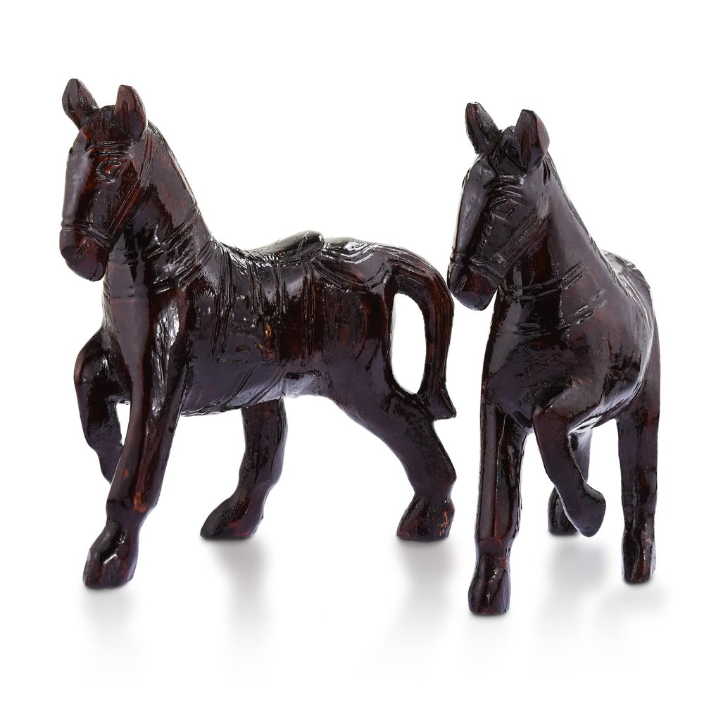 AeraVida Prancing Horse Carved Rain Tree Wood Figurine Sculpture Set of 2 | Wooden Horse Statue Home Decor | Horse Wooden Statues and Sculptures