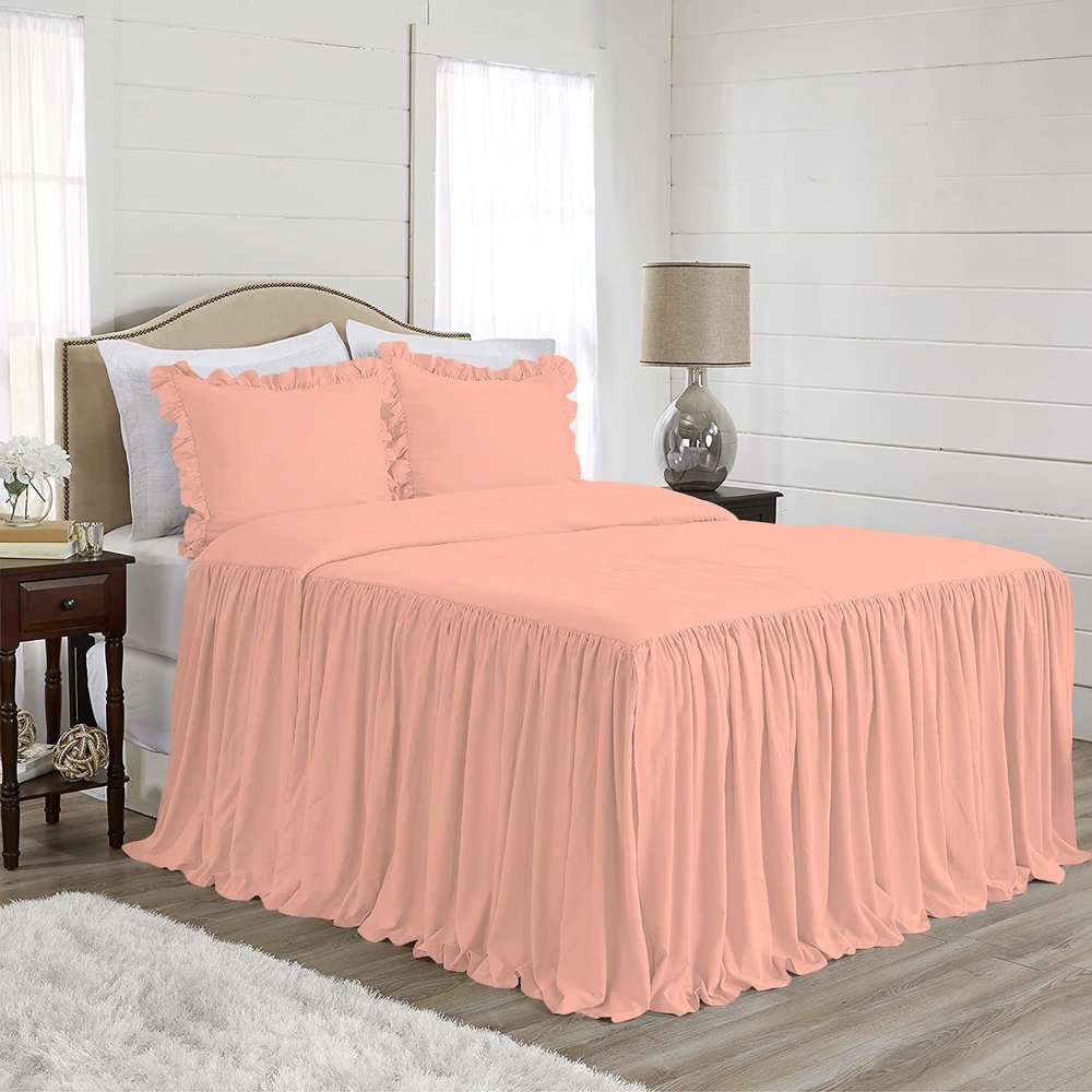 4 Piece Long Ruffle Sheet Set, 30" Inch Long Ruffle On Corner of The Flat Sheet, 21 Inch Deep Pocket, 100% Egyptian Cotton, 1000 TC, Cal King Size, Solid Peach