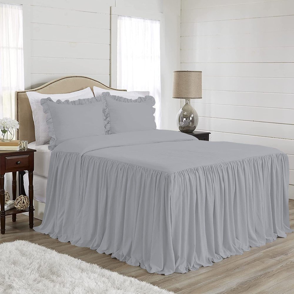 4 Piece Long Ruffle Sheet Set, 30" Inch Long Ruffle On Corner of The Flat Sheet, 18 Inch Deep Pocket, 100% Egyptian Cotton, 1000 TC, Queen Size, Solid Silver