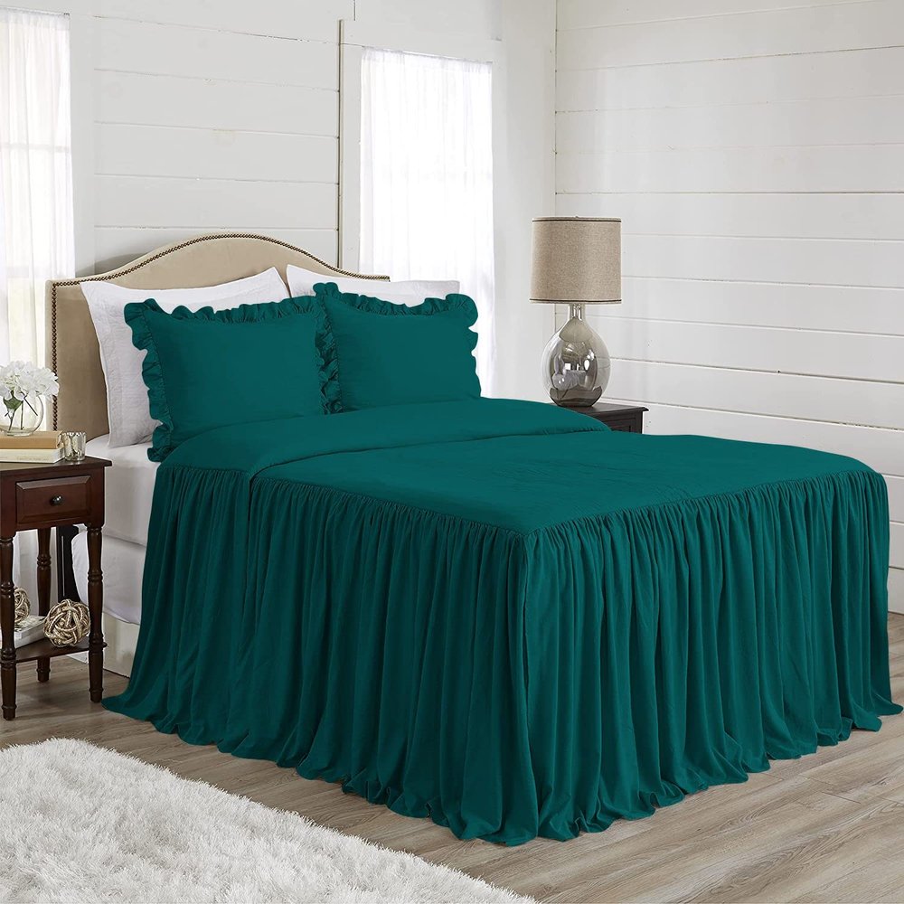 4 Piece Long Ruffle Sheet Set, 30" Inch Long Ruffle On Corner of The Flat Sheet, 21 Inch Deep Pocket, 100% Egyptian Cotton, 1000 TC, Olympic Queen Size, Solid Teal