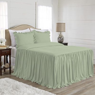 4 Piece Long Ruffle Sheet Set, 30" Inch Long Ruffle On Corner of The Flat Sheet, 12 Inch Deep Pocket, 100% Egyptian Cotton, 1000 TC, Full Size, Solid Light Sage