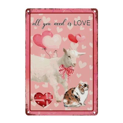 Metal Wall Decor Sign Love Heart Farm Animal Sheep Rabbit Metal Tin Sign All You Need Is Love Metal Sign Valentine's Day Decor Retro Vintage Tin Metal Sign for Porch Bedroom 18x12in