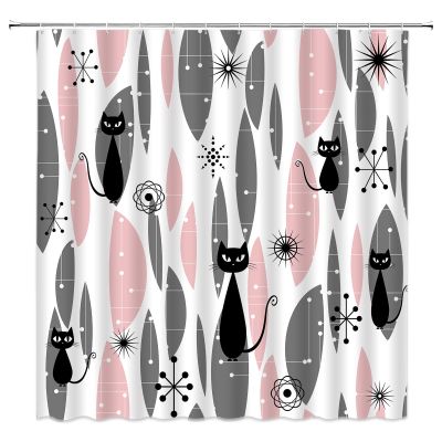 ABONAN Mid Century Black Cat Shower Curtain Atomic Cat Modern Abstract Geometric Iconic Pattern 1950s Vintage Funny Pink Black Fabric Bathroom Curtains Decor Set with Hook (67" Wx70 H)