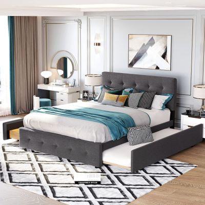 KLMM Modern Queen Size Upholstered Platform Bed with 2 Drawers and 1 Twin XL Trundle, Linen Fabric, Suitable for Teenagers, Adults, Bedrooms (Dark Gray@F~)