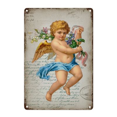 Antique Valentine Cupid Angel Children Metal Sign Wall Art Vintage French Style Love Cupid Aluminum Art Signs Valentine's Day Gift for Her Vintage Wall Plaque for Bedroom 18x12in