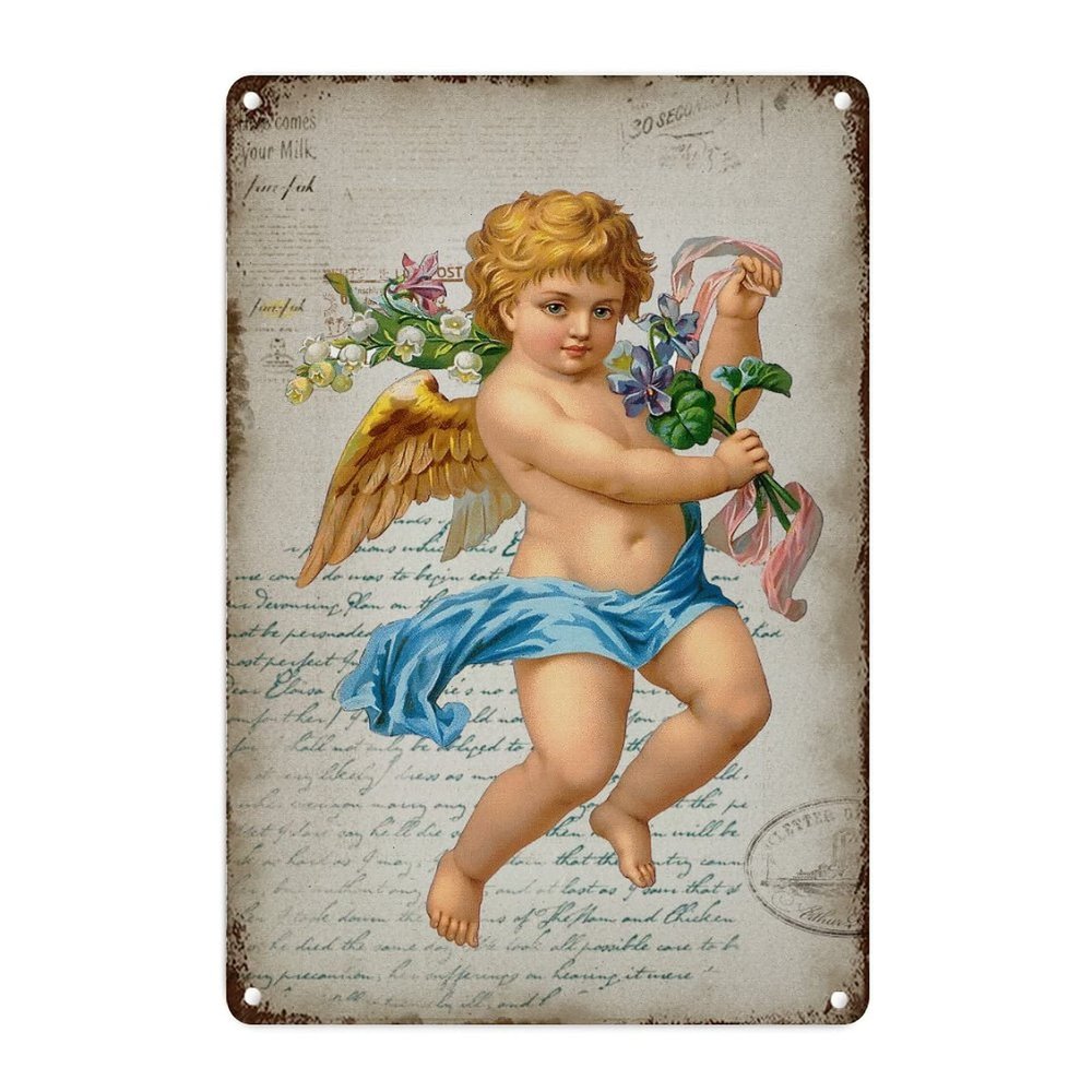 Antique Valentine Cupid Angel Children Metal Sign Wall Art Vintage French Style Love Cupid Aluminum Art Signs Valentine's Day Gift for Her Vintage Wall Plaque for Bedroom 18x12in