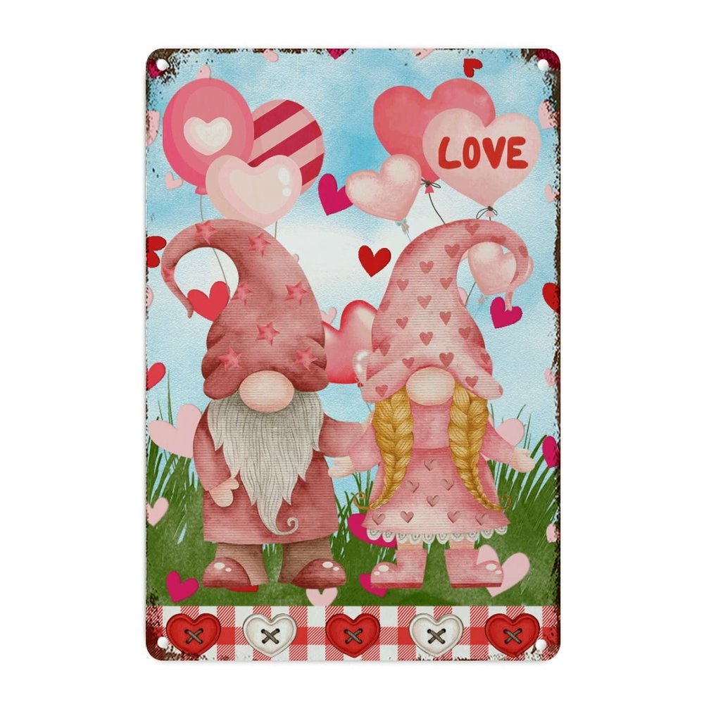 Valentine's Day Gnome Couple Retro Aluminum Metal Signs Orange Red Buffalo Plaid Heart Balloon Metal Art Sign February 14th Valentine's Day Wall Art Decor Metal Sign for Bedroom 18x12in