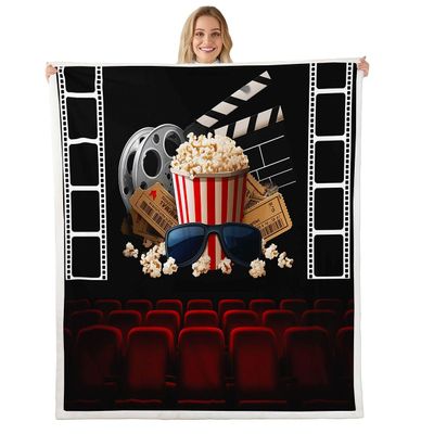 Erosebridal Movie Theme Blanket Movie Theater Style Throw Blanket Vintage Cinema Ticket Fuzzy Blanket Gifts for Boys Girls Kids Filmstrip Printed Home Clapboard Popcorn Print Bedroom Decor 90"x90"