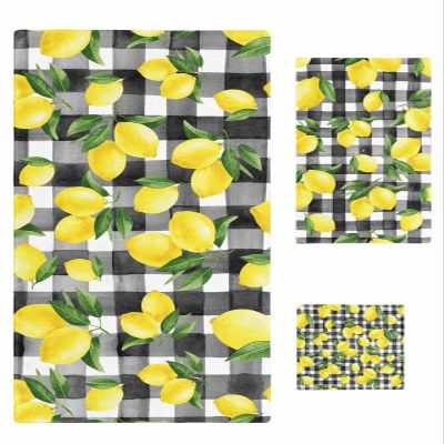 Anzona Summer Lemon 3 Piece Bath Towels Set, Watercolor Tropical Leaves Fruit Black Plaid Soft & Absorbent Towel for Bathroom, Hotel (1 Bath Towel 30x60, 1 Hand Towel 16x28, 1 Washcloth 13x13)