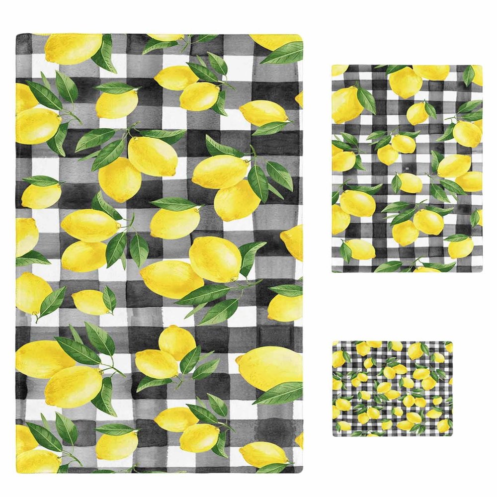 Anzona Summer Lemon 3 Piece Bath Towels Set, Watercolor Tropical Leaves Fruit Black Plaid Soft & Absorbent Towel for Bathroom, Hotel (1 Bath Towel 30x60, 1 Hand Towel 16x28, 1 Washcloth 13x13)