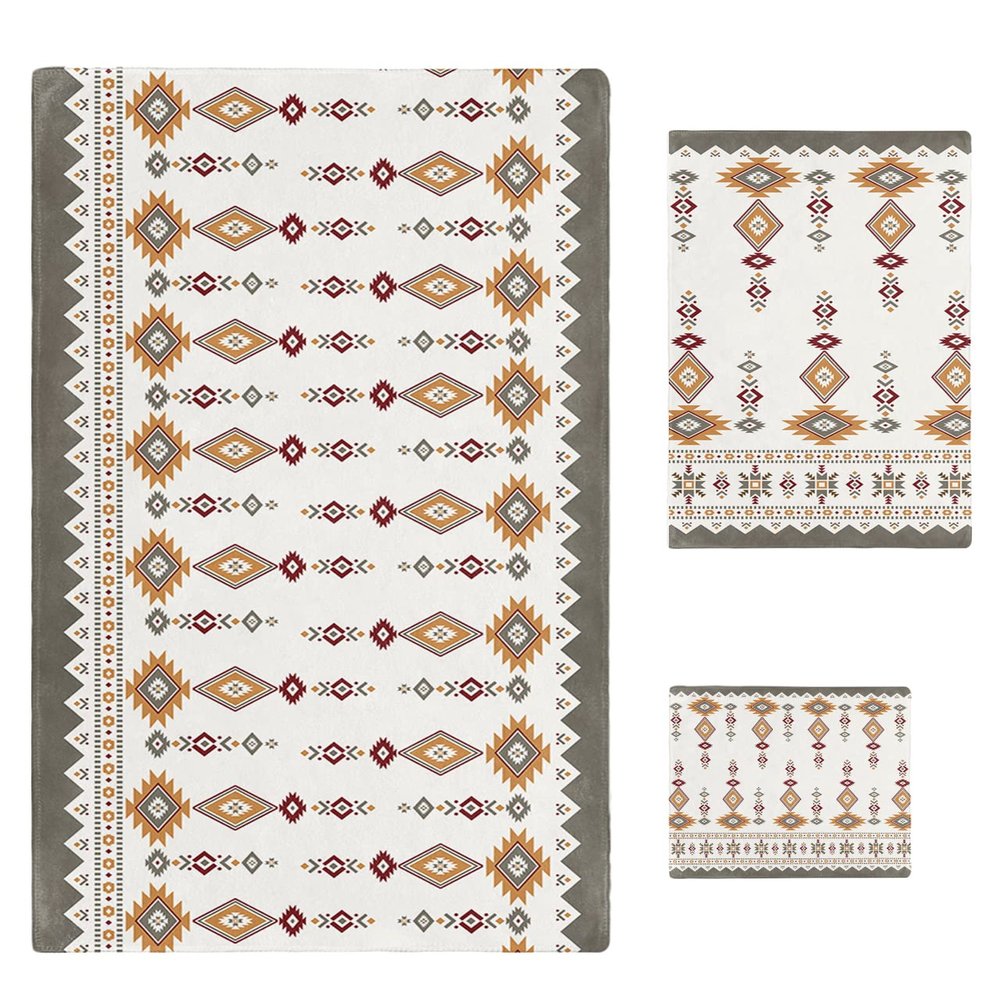 Southwest Geometric 3 Piece Bath Towels Set, Western Beige Grey Boho Ethnic Geometric Soft & Absorbent Towel for Bathroom, Hotel (1 Bath Towel 30x60, 1 Hand Towel 16x28, 1 Washcloth 13x13)