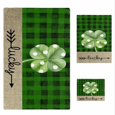 Anzona St. Patrick's Day 3 Piece Bath Towels Set, Watercolor Lucky Clover Green Black Plaid Soft & Absorbent Towel for Bathroom, Hotel (1 Bath Towel 30x60, 1 Hand Towel 16x28, 1 Washcloth 13x13)