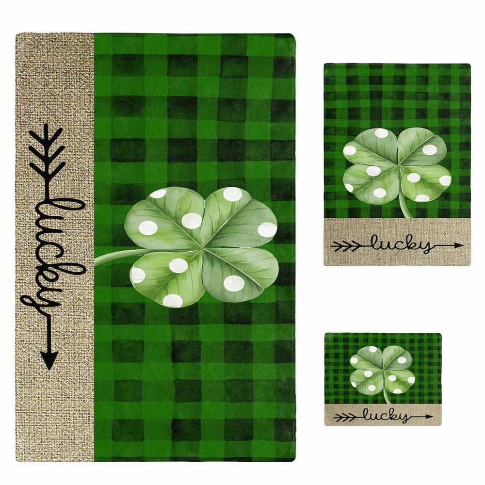 Anzona St. Patrick's Day 3 Piece Bath Towels Set, Watercolor Lucky Clover Green Black Plaid Soft & Absorbent Towel for Bathroom, Hotel (1 Bath Towel 30x60, 1 Hand Towel 16x28, 1 Washcloth 13x13)