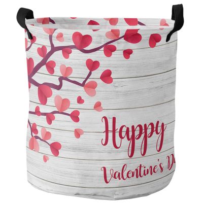 Happy Valentine's Day Large Laundry Basket, Waterproof Laundry Hamper for Baby Clothes, Love Heart Tree Rustic Wood Board Foldable Laundry Baskets with Handles, 13.8''x17''