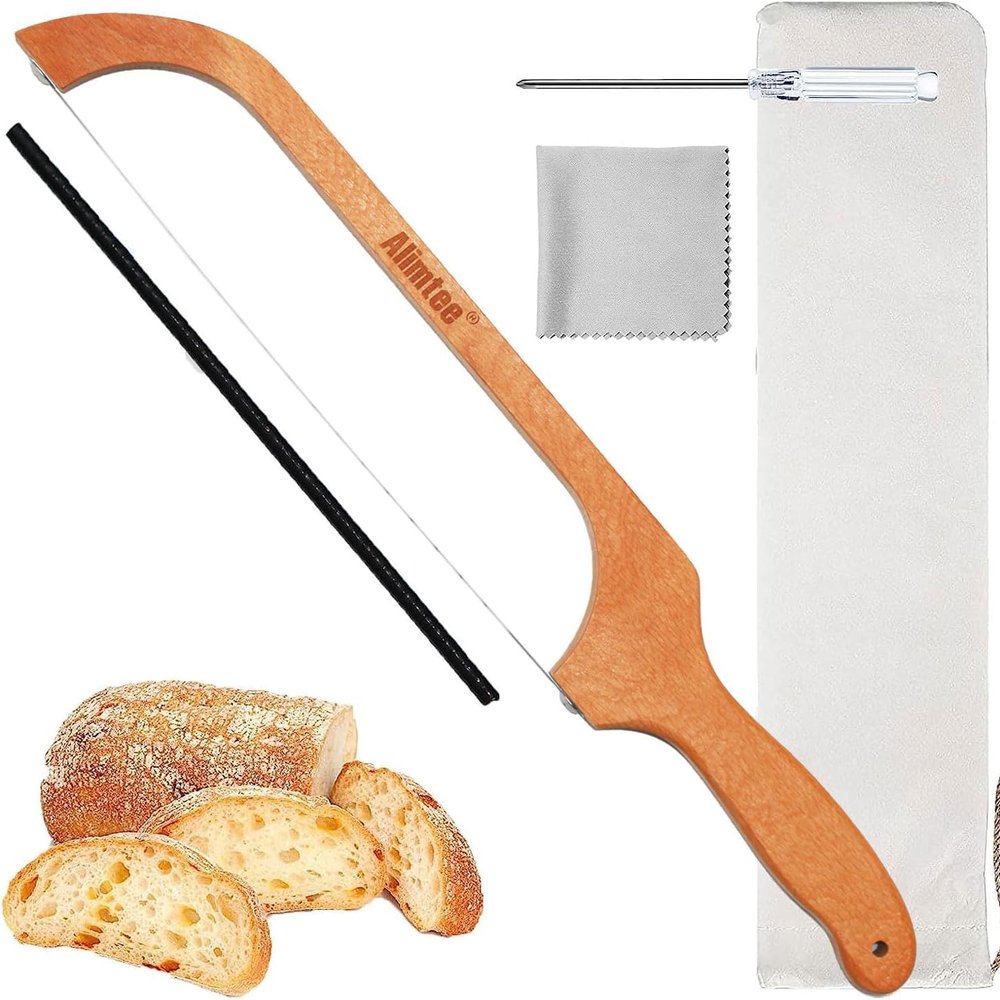 Alimtee Bread Knife, 16" Wooden Serrated Bagel Knife, Fiddle Bow Design Easy to Cutting, Sourdough Cutter for Homemade Bagels, Bread, Baguettes and More - Premium Stainless Steel
