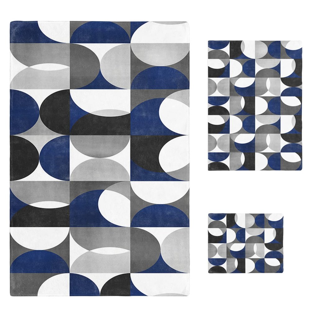 Navy Blue Grey 3 Piece Bath Towels Set, Middle Century Modern Geometric Abstract Art Soft & Absorbent Towel for Bathroom, Hotel (1 Bath Towel 30x60, 1 Hand Towel 16x28, 1 Washcloth 13x13)