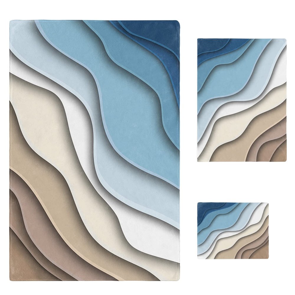 Navy Blue Brown Ombre 3 Piece Bath Towels Set, Modern Geometric Abstract Cream Soft & Absorbent Towel for Bathroom, Hotel (1 Bath Towel 30x60, 1 Hand Towel 16x28, 1 Washcloth 13x13)