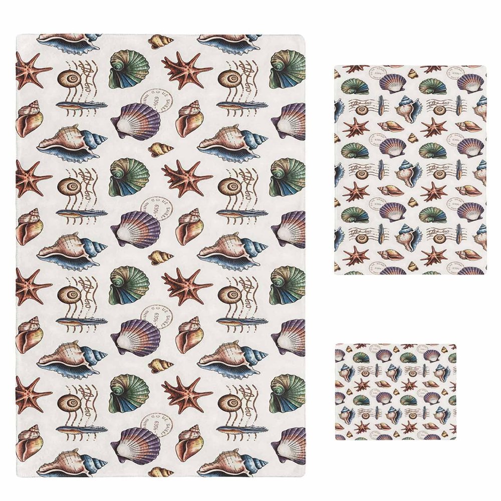 Anzona Summer Beach 3 Piece Bath Towels Set, Black Ocean Coastal Conch Shell Starfish Soft & Absorbent Towel for Bathroom, Hotel (1 Bath Towel 30x60, 1 Hand Towel 16x28, 1 Washcloth 13x13)