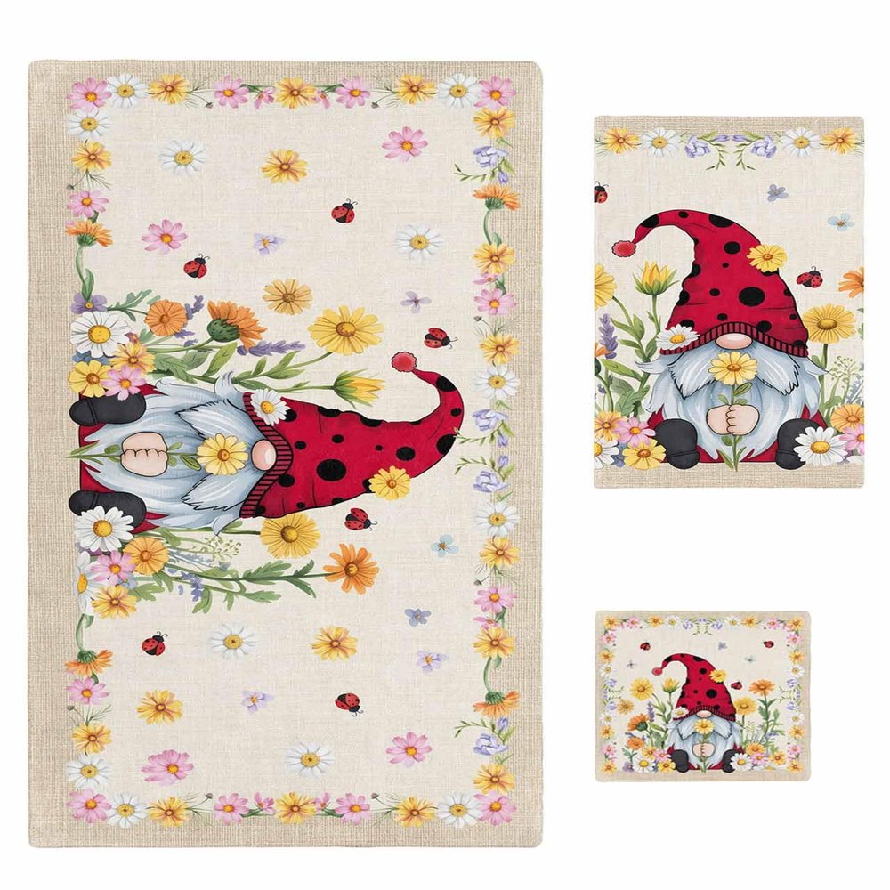 Anzona Summer Ladybug Gnomes 3 Piece Bath Towels Set, Spring Floral Rustic Soft & Absorbent Towel for Bathroom, Hotel (1 Bath Towel 30x60, 1 Hand Towel 16x28, 1 Washcloth 13x13)
