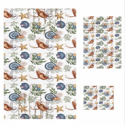 Anzona Summer Beach Coastal Conch Shell Starfish 3 Piece Bath Towels Set, Farmhouse Ocean Soft & Absorbent Towel for Bathroom, Hotel (1 Bath Towel 30x60, 1 Hand Towel 16x28, 1 Washcloth 13x13)