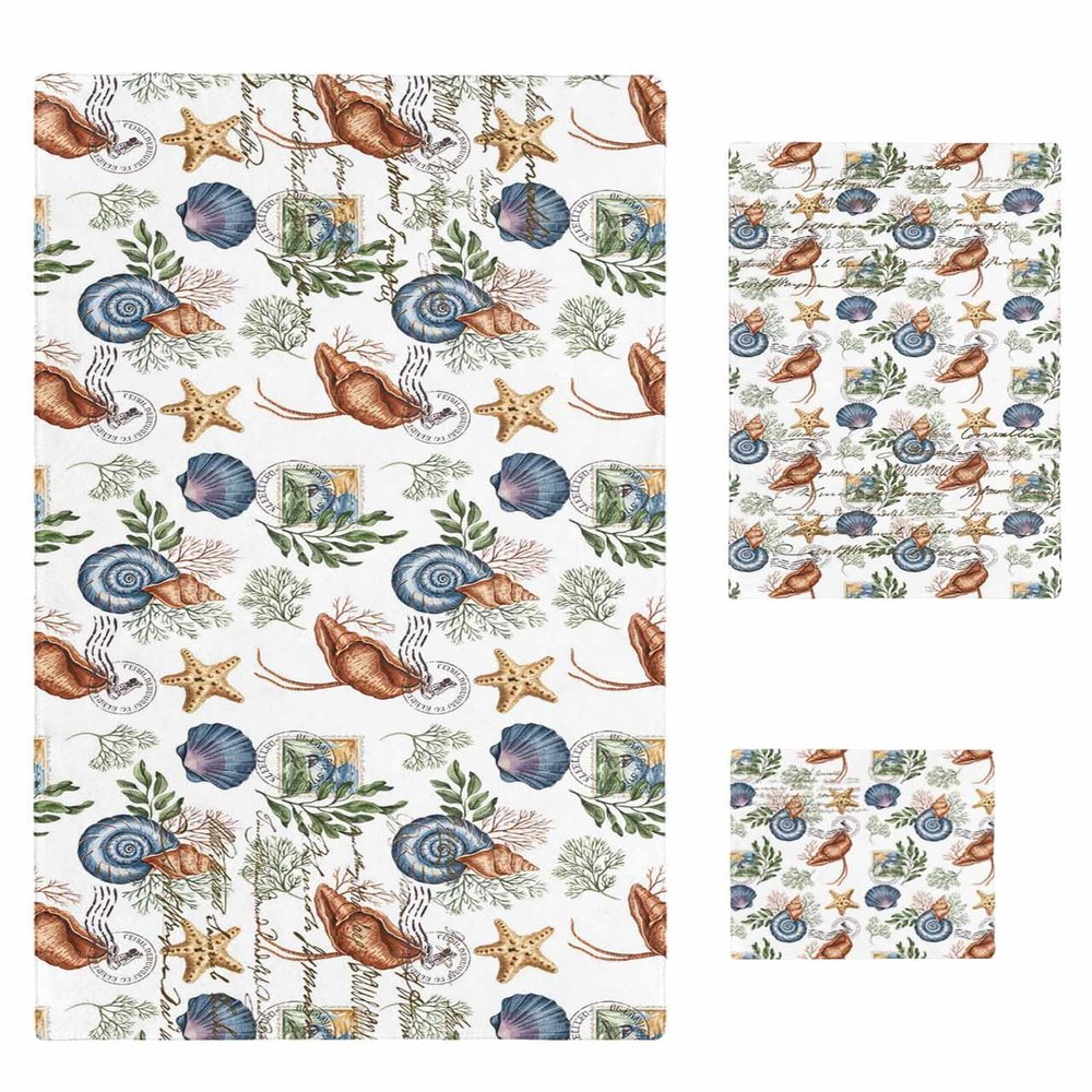 Anzona Summer Beach Coastal Conch Shell Starfish 3 Piece Bath Towels Set, Farmhouse Ocean Soft & Absorbent Towel for Bathroom, Hotel (1 Bath Towel 30x60, 1 Hand Towel 16x28, 1 Washcloth 13x13)