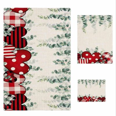 Anzona Valentines 3 Piece Bath Towels Set, Red Love Heart Teal Eucalyptus Leaves Botanical Burlap Soft & Absorbent Towel for Bathroom, (1 Bath Towel 30x60, 1 Hand Towel 16x28, 1 Washcloth 13x13)