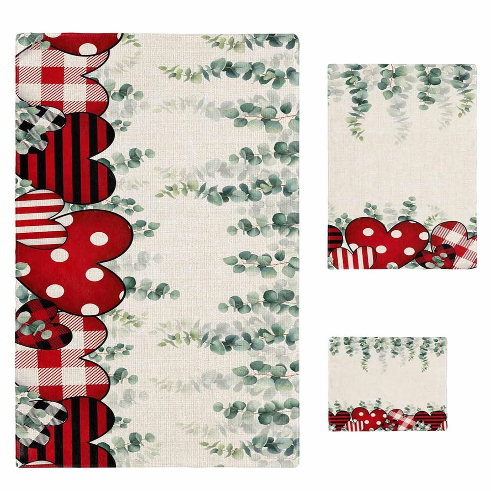 Anzona Valentines 3 Piece Bath Towels Set, Red Love Heart Teal Eucalyptus Leaves Botanical Burlap Soft & Absorbent Towel for Bathroom, (1 Bath Towel 30x60, 1 Hand Towel 16x28, 1 Washcloth 13x13)