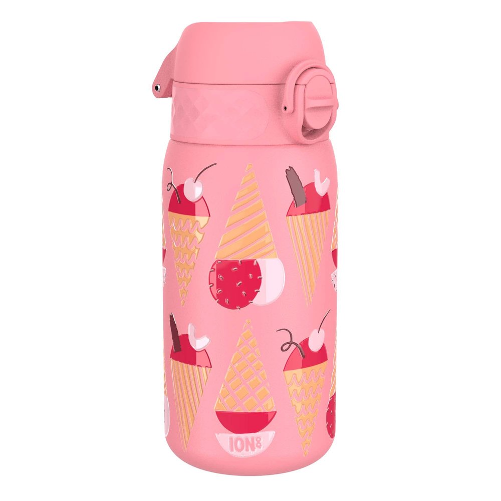 Ion8 Kids Water Bottle, Steel 400 ml/13 oz, Leak Proof, Easy to Open, Secure Lock, Dishwasher Safe, Flip Cover, Carry Handle, Easy Clean, Durable, Scratch Resistant, Raised Print, Ice Creams Design