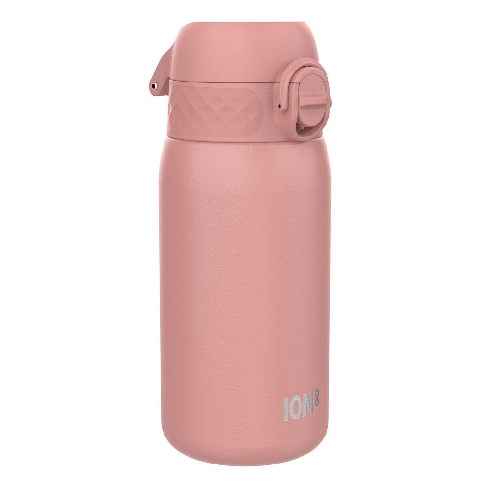 Ion8 Kids Water Bottle, Steel 400 ml/13 oz, Leak Proof, Easy to Open, Secure Lock, Dishwasher Safe, Flip Cover, Carry Handle, Easy Clean, Durable, Scratch Resistant, Carbon Neutral, Ash Rose Pink