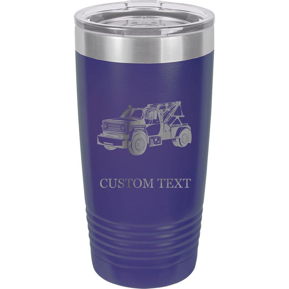20-Ounce Vacuum Insulated Stainless Steel Tumbler Customized Double-Walled Laser Engraved White Coffee Mug, Tow Truck, Personalized