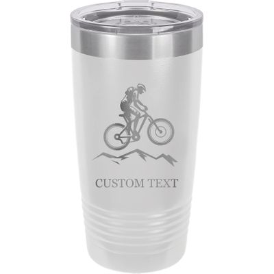 20-Ounce Vacuum Insulated Stainless Steel Tumbler Customized Double-Walled Laser Engraved Coffee Blue Mug, Mountain Bike, Personalized