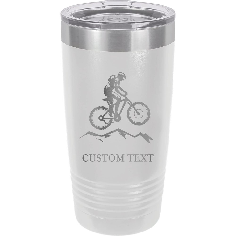 20-Ounce Vacuum Insulated Stainless Steel Tumbler Customized Double-Walled Laser Engraved Coffee Blue Mug, Mountain Bike, Personalized
