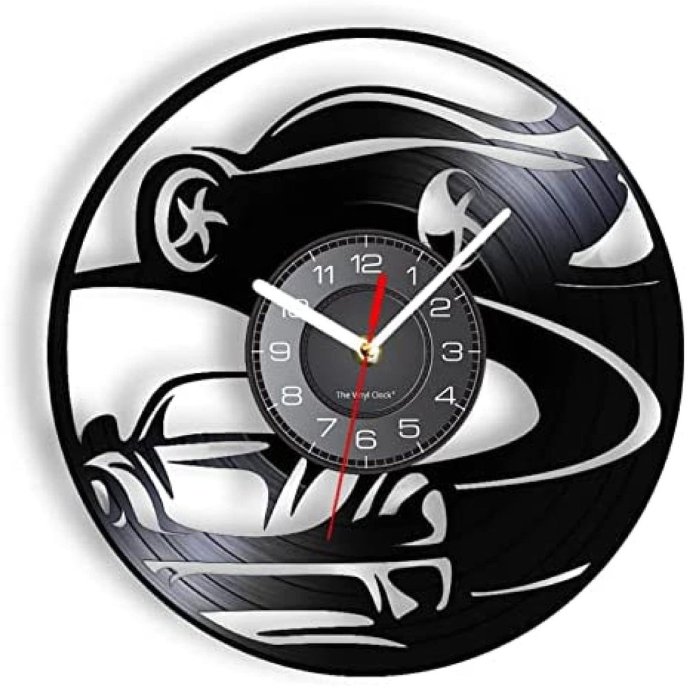 12 Inch Wall Clock Retro Drifting Car Vinyl Record Retro CD Disc Wall Clock Boys Room Home Decor Wall Watch Cyclone Drift Car Lovers