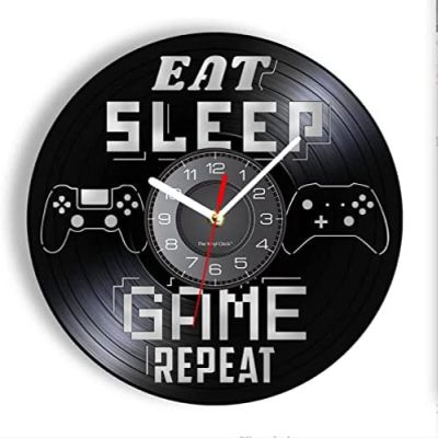 12 Inch Wall Clock Eat Sleep Game Repeat Gamer Saying Vinyl Record Wall Clock Gamepad Machine Boys Playroom Gaming Room Decor Handicraft Art