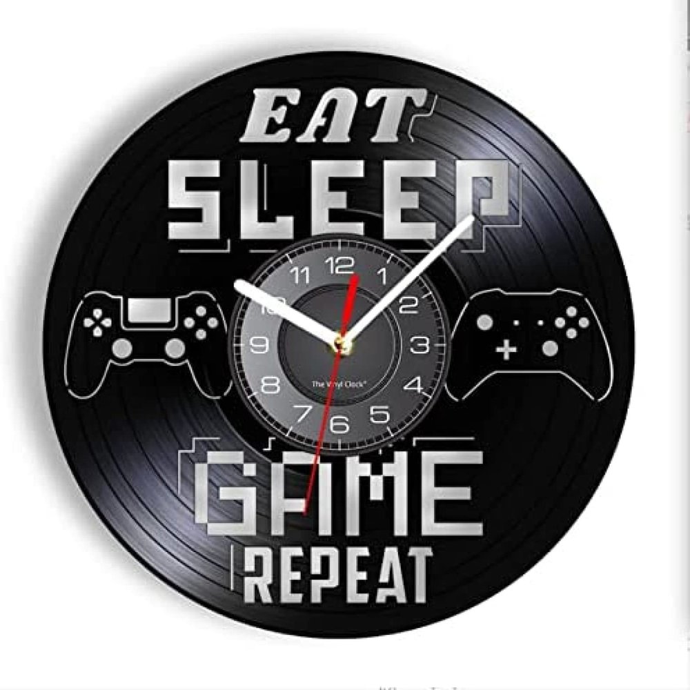 12 Inch Wall Clock Eat Sleep Game Repeat Gamer Saying Vinyl Record Wall Clock Gamepad Machine Boys Playroom Gaming Room Decor Handicraft Art