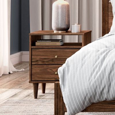 Grain Wood Furniture Mid Century 2-Drawer Nightstand, Solid Wood with a Brushed Walnut Finish