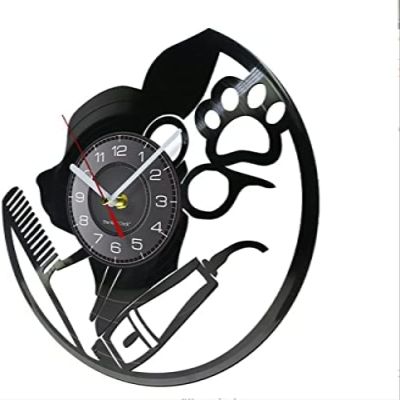 12 Inch Wall Clock Pet Groomer Sign Barber Salon Vinyl Record Wall Clock Animal Care Business Display Artwork Dog Grooming Music Album Wall Clock