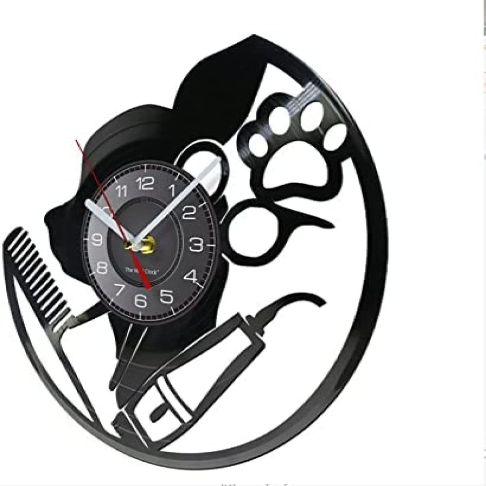 12 Inch Wall Clock Pet Groomer Sign Barber Salon Vinyl Record Wall Clock Animal Care Business Display Artwork Dog Grooming Music Album Wall Clock