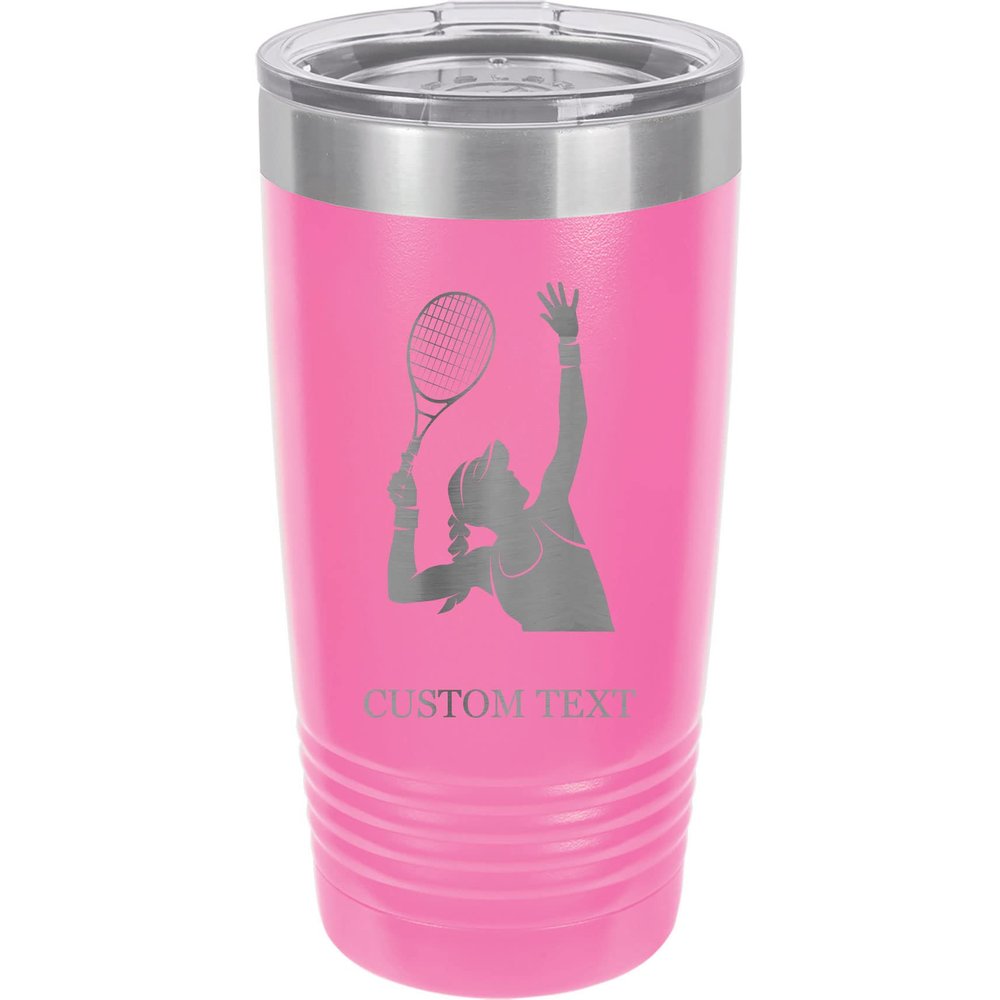 20-Ounce Vacuum Insulated Stainless Steel Tumbler Customized Double-Walled Laser Engraved White Coffee Mug, Women's Tennis, Personalized