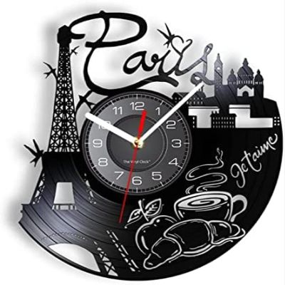 12 Inch Wall Clock Paris Tower Vinyl Longplay Record Wall Clock Famous Buildings in France Romance Home Decor Vintage Watch Architecture Art
